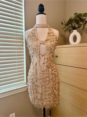 Gold Sequin Halter Mini Dress